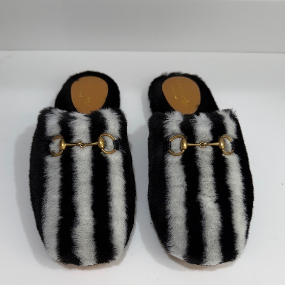 Gucci Black and White Fur Mules